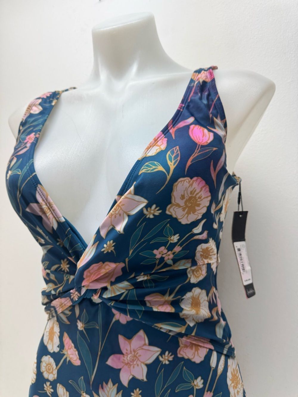 Nicole Miller Teal Floral Twist-Front One-Piece Swimsuit Sz M NWT - Picture 3 of 7
